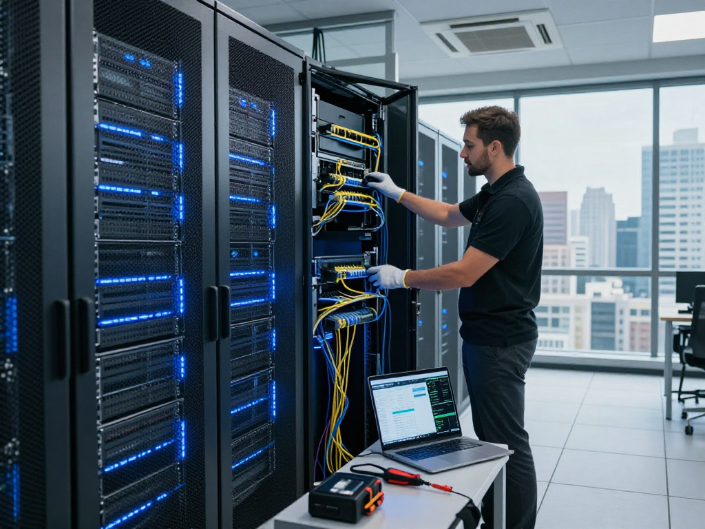 Inspecting servidores VPS in a modern data center with high-tech lighting