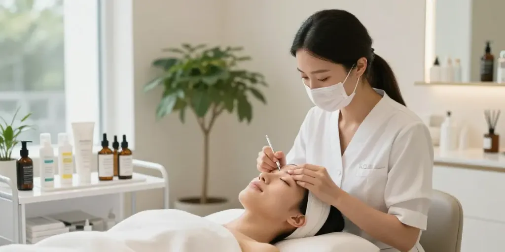 CCeye® treatment for Augenringe abdecken in a bright, modern salon