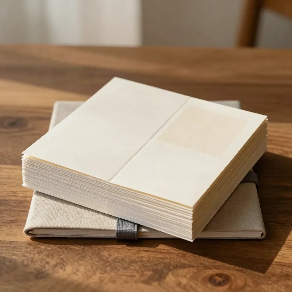 Flat lay of print collateral: cards, flyers, inserts, and a linen sleeve on warm wood.