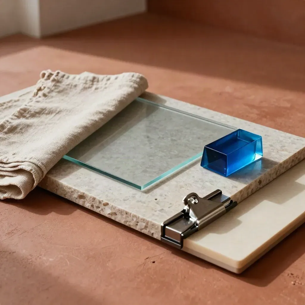 Stone, linen, glass, and a river-blue accent arranged as an art direction scene board on terracotta plaster.