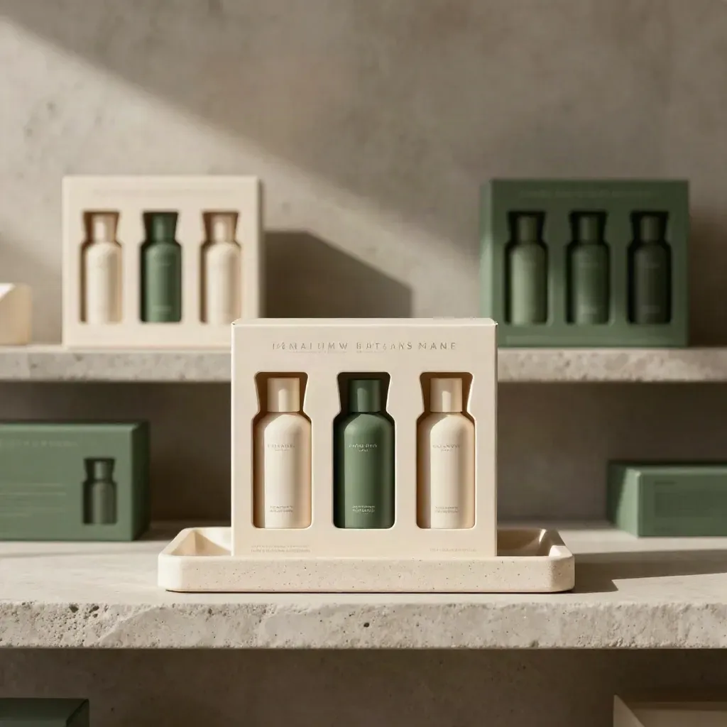 Boxed skincare line staged on a stone shelf with molded inserts and moss-green packaging
