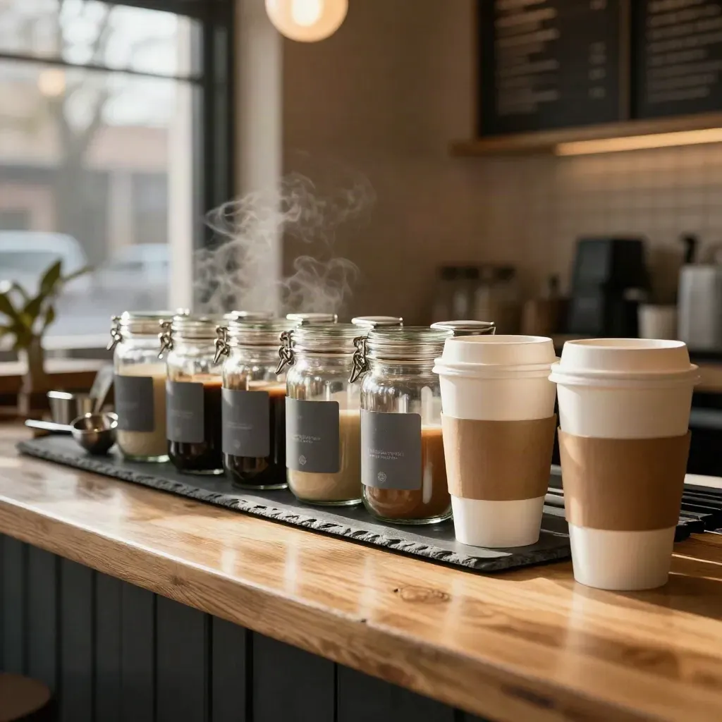 Cozy café counter with cups, jars, steam, and blurred menu boards.