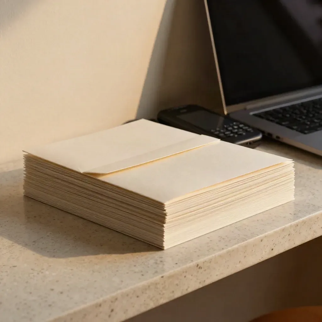 Proof stack, presentation envelope, phone and open laptop on a travertine ledge in warm studio light