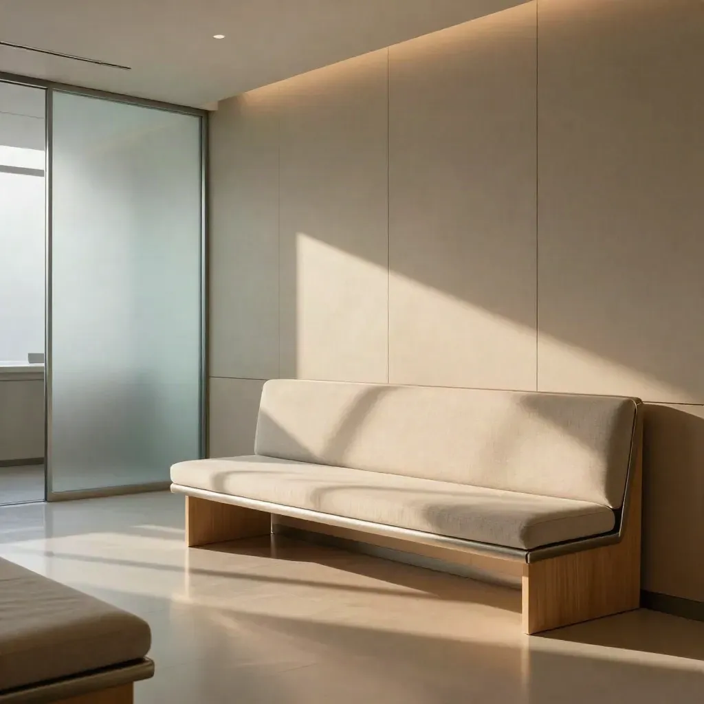 Calm clinic reception with frosted glass, linen bench, and soft raking daylight.