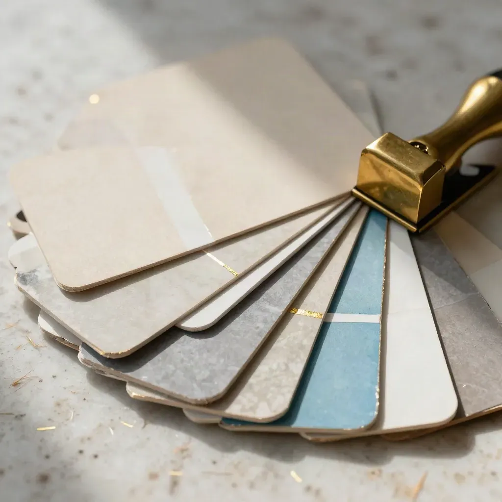 Macro still life of design swatches, foil chips, and brass weight on travertine
