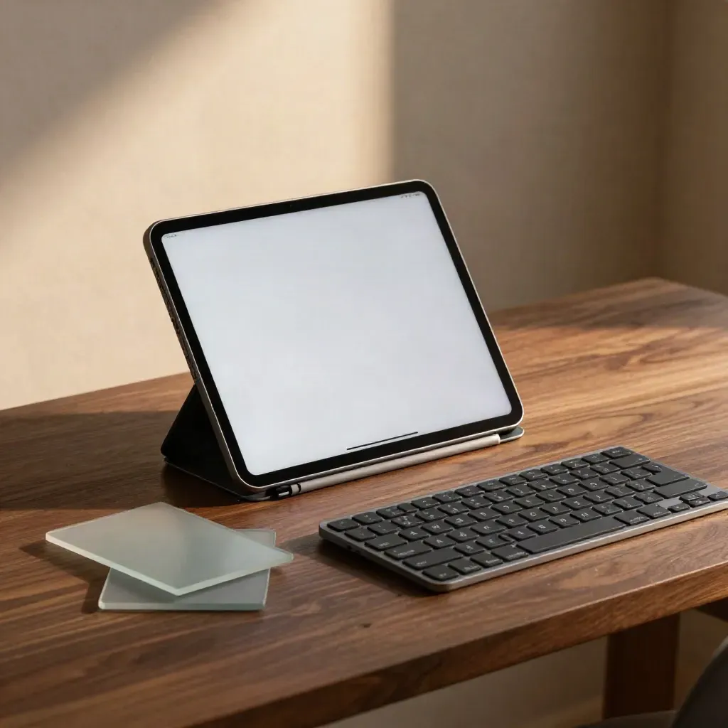 Tablet, glass tiles, and face-down keyboard on a walnut bench in dramatic side light.