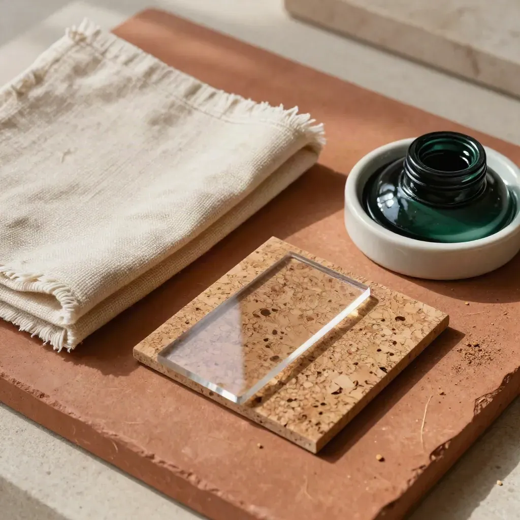 Material samples styled like a plated recipe on terracotta plaster with soft daylight.