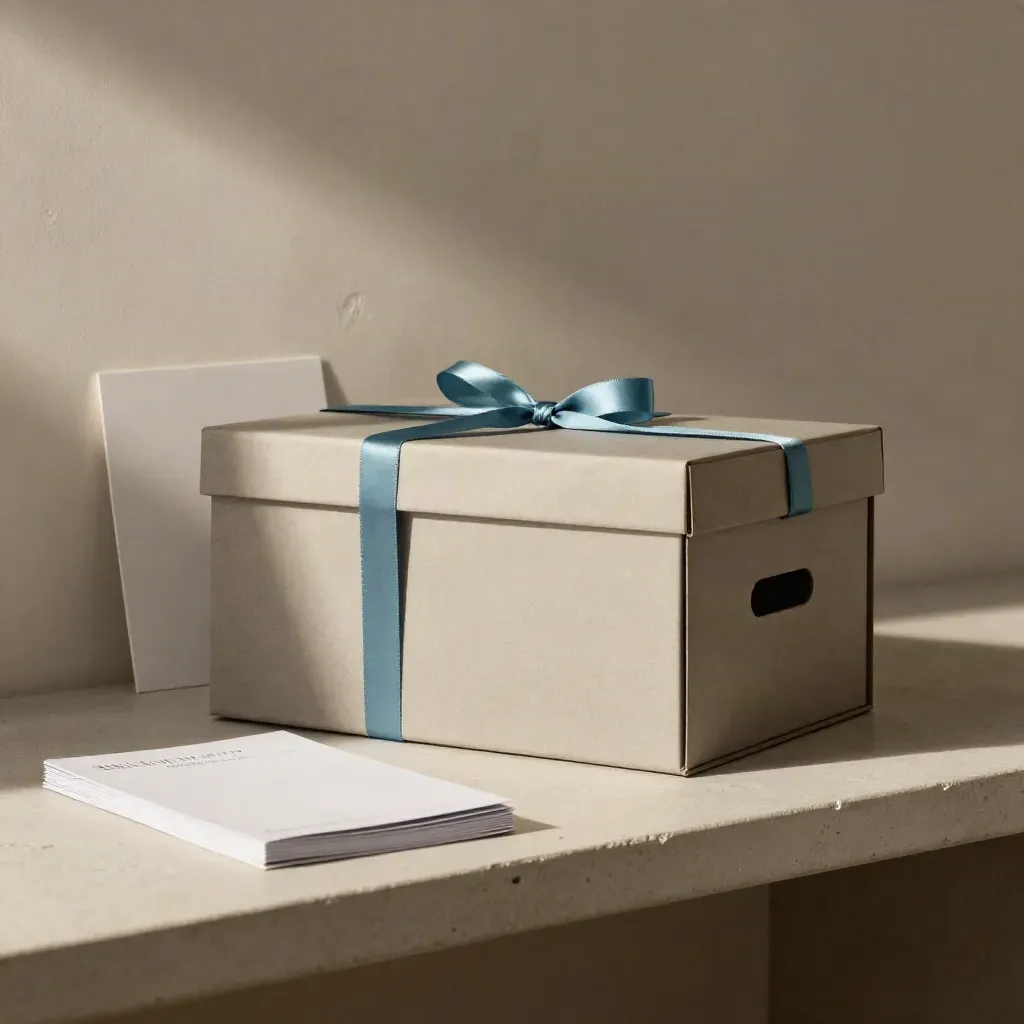 Archive box, ribbon-tied drive case, and guideline booklet on a stone shelf in soft side light