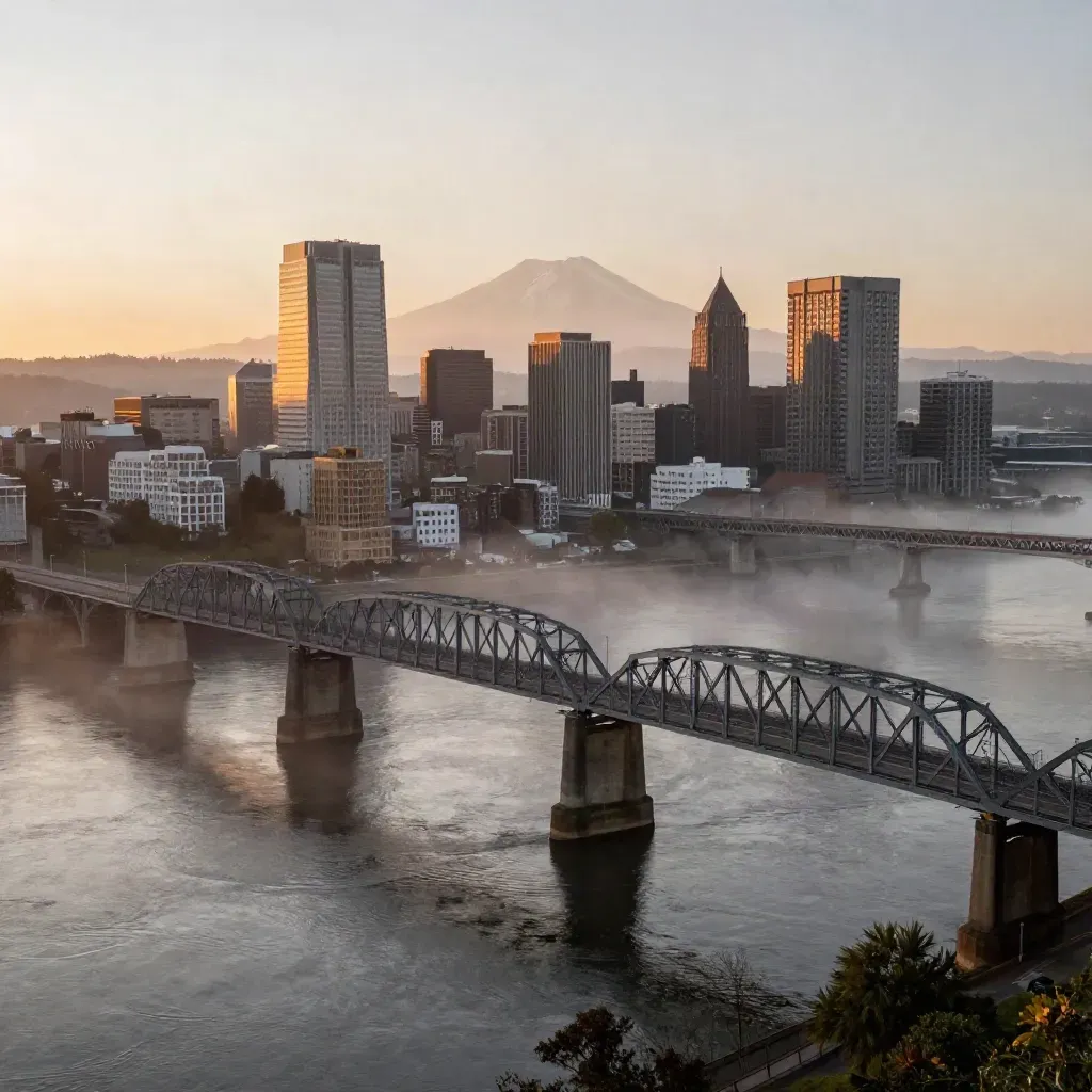 Portland bridges and skyline in mist with Mount Hood faint beyond the river