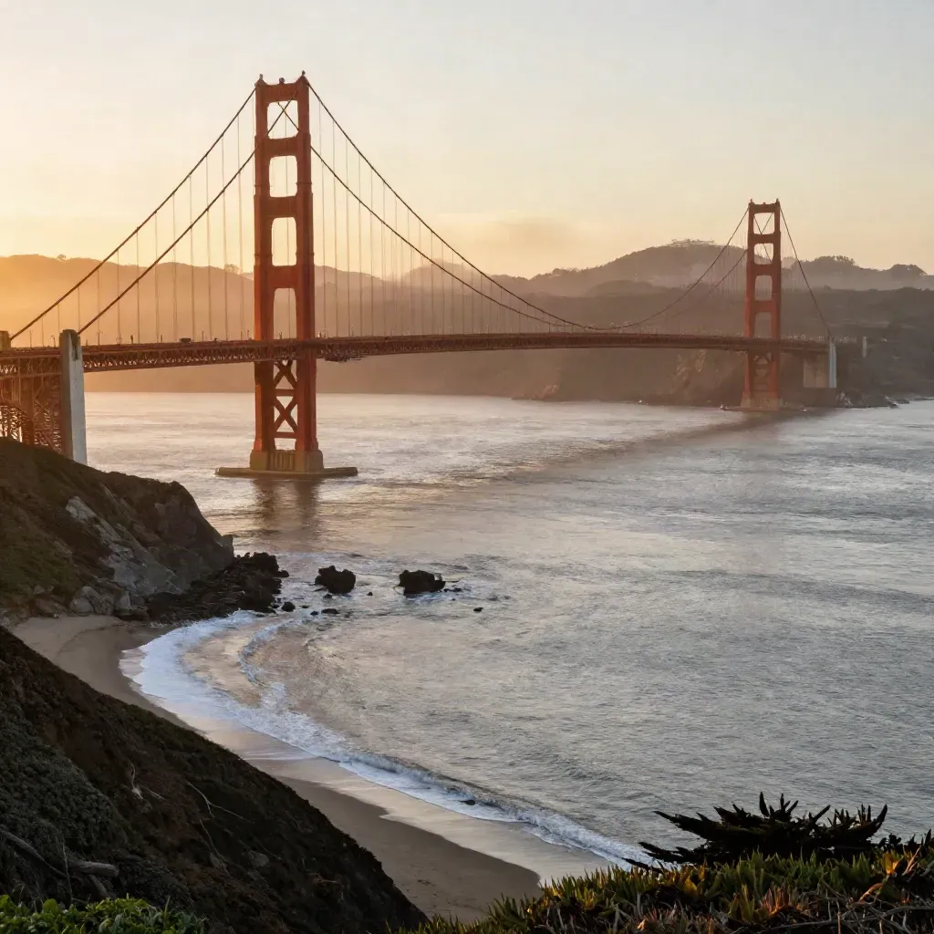 Golden Gate Bridge glowing above a hazy coastal bluff at sunset.