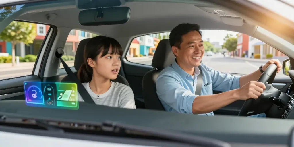 Driving lesson at автошкола with student and instructor in Skoda Scala.