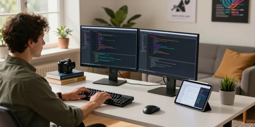 Developer coding with Notepad++ in a modern office setup, showcasing colorful syntax highlighting.