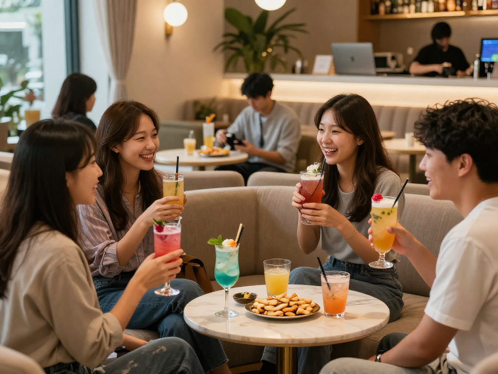 강남 멀리건에서 친구들과 함께하는 즐거운 시간, 우아한 인테리어와 함께하는 모습